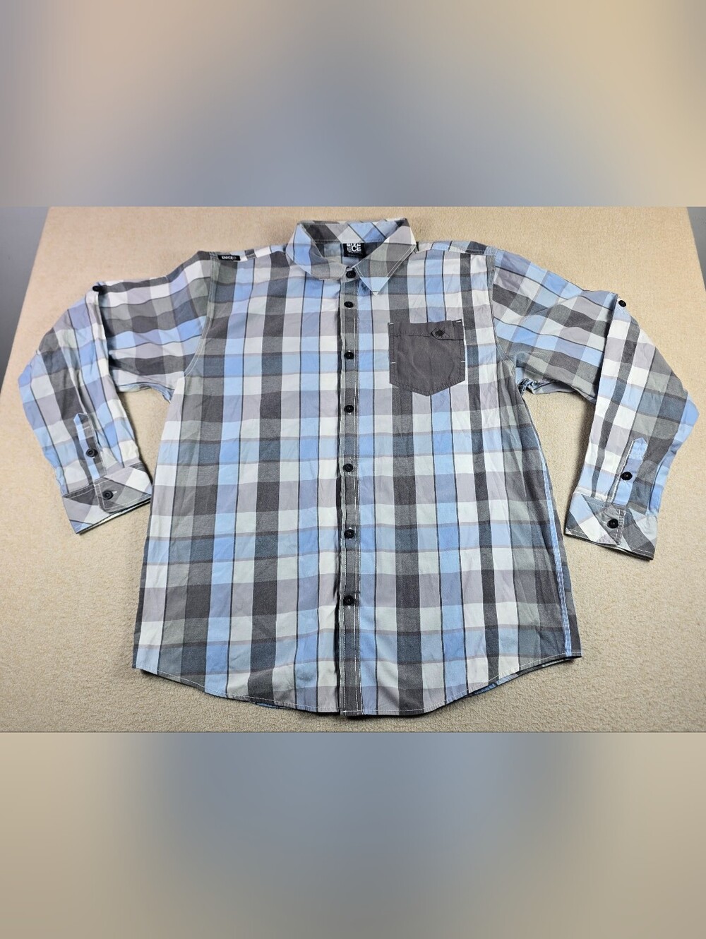 Enyce Mens 3XL Plaid Button Up Shirt Blue Gray Long Sleeve Pocket Casual